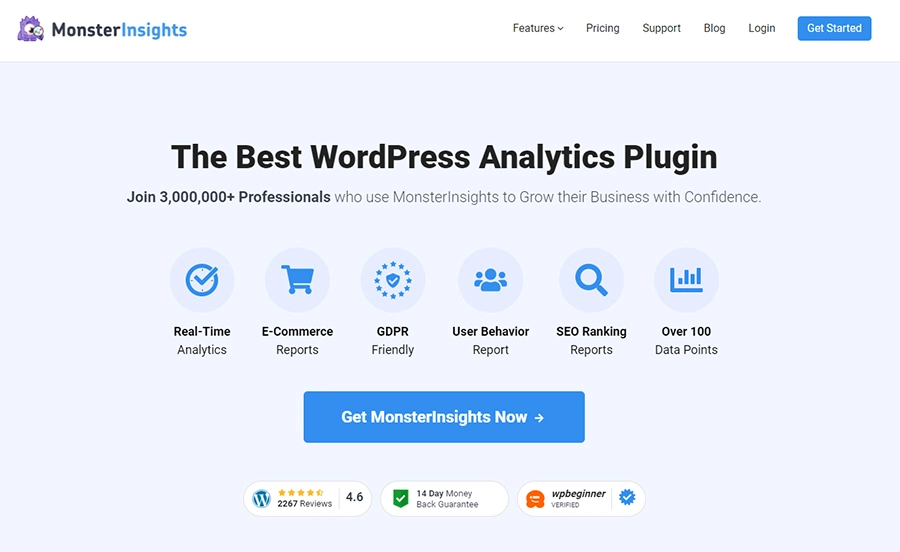 The site homepage of the MonsterInsights WordPress analytics plugin.