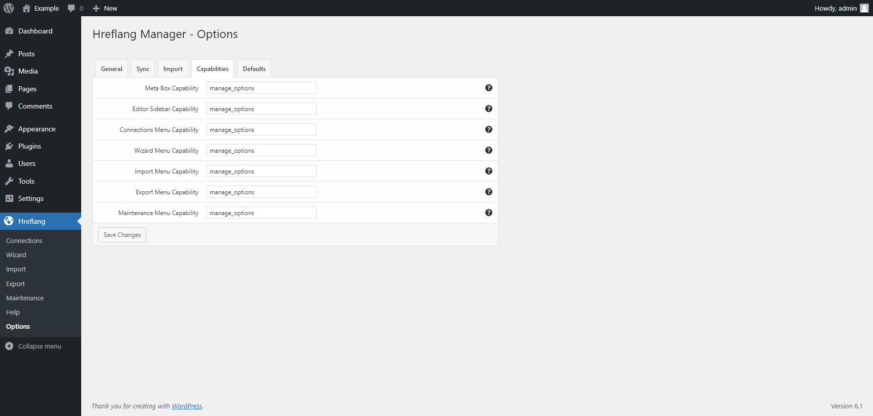 "Capabilities" tab in the plugin options of the Hreflang Manager plugin for WordPress.
