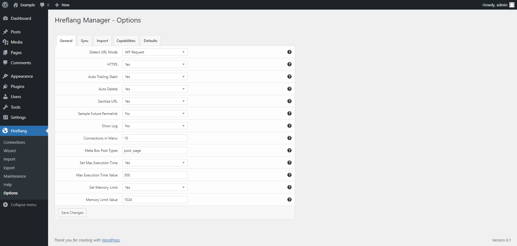 "General" tab in the plugin options of the Hreflang Manager plugin for WordPress.