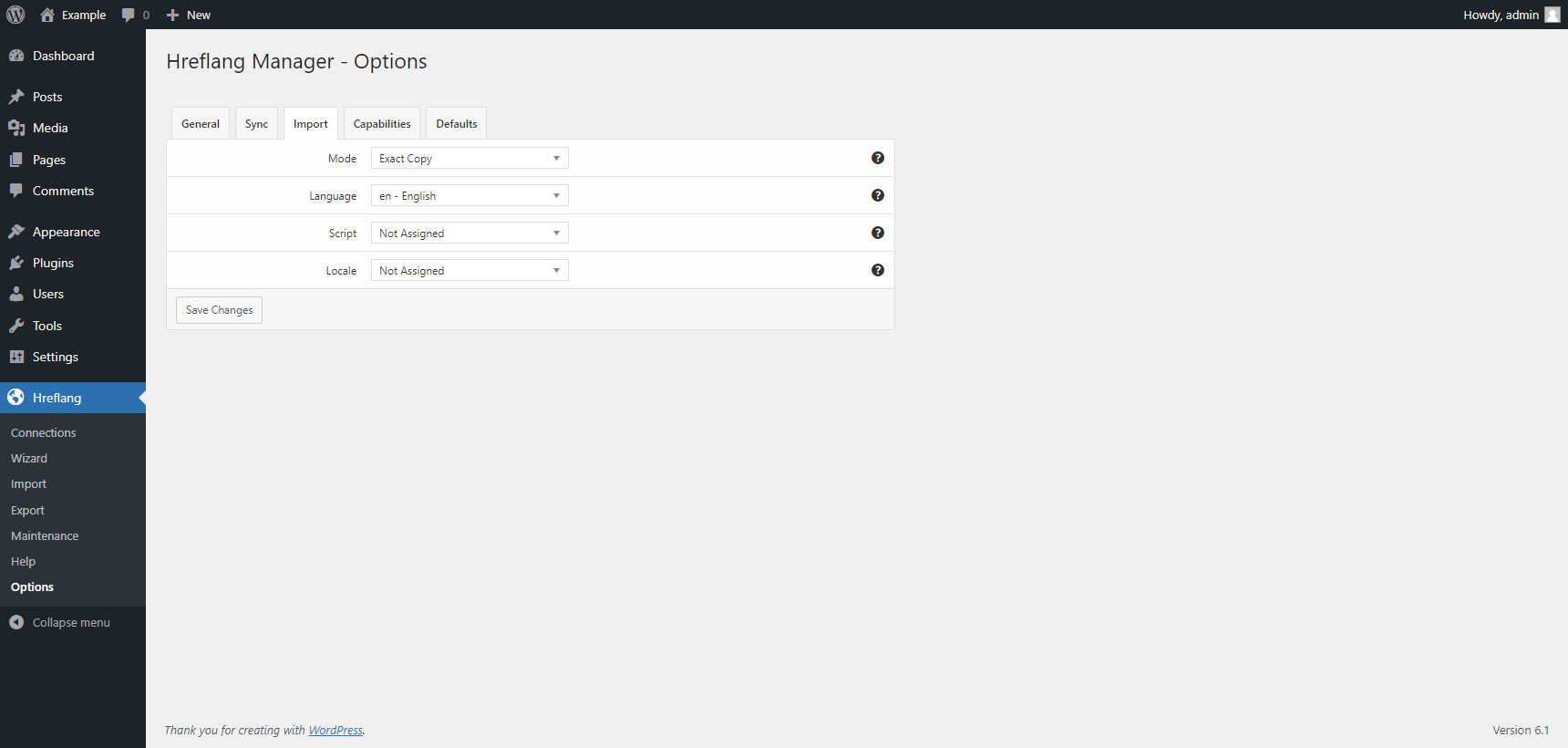 "Import" tab in the plugin options of the Hreflang Manager plugin for WordPress.