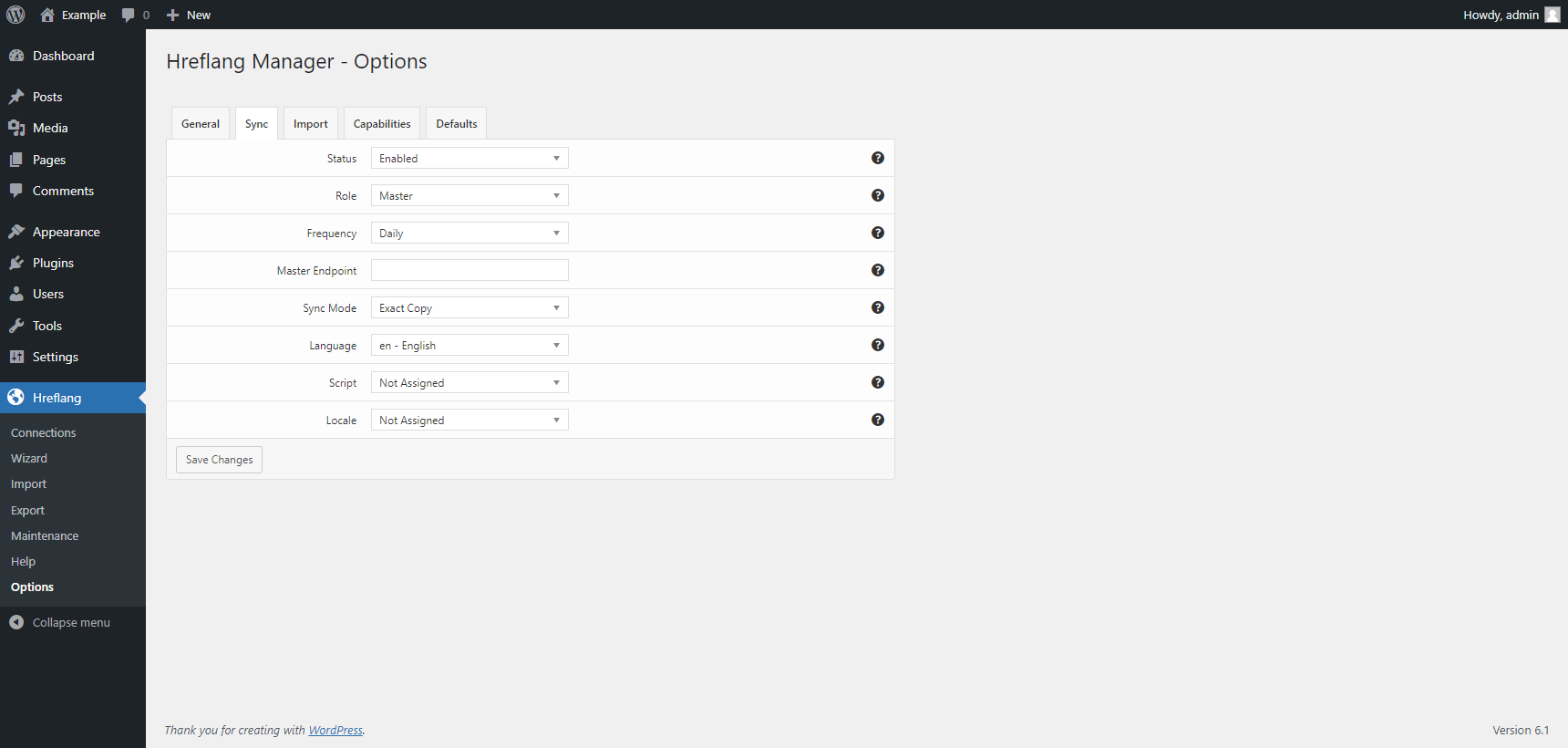 "Sync" tab in the plugin options of the Hreflang Manager plugin for WordPress.