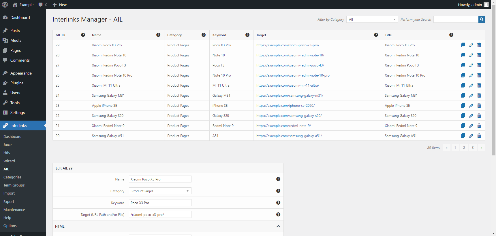 "AIL" menu of the Interlinks Manager plugin for WordPress.