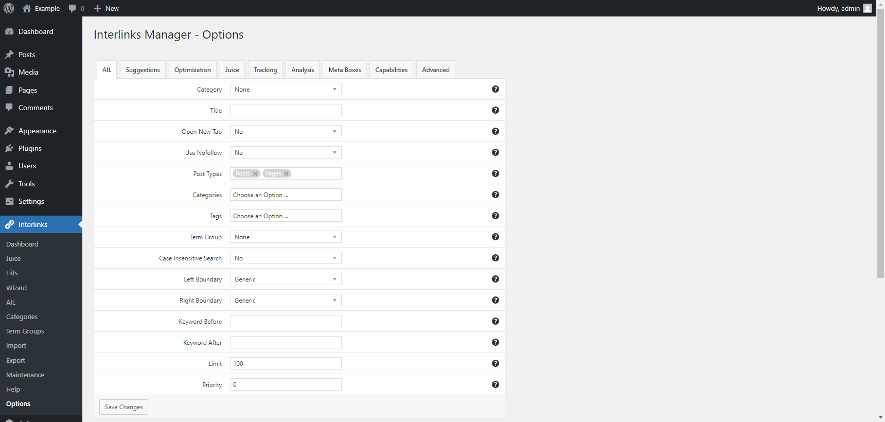 "AIL" tab in the options menu of the Interlinks Manager plugin for WordPress.