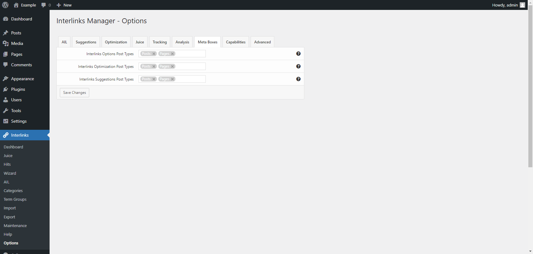 "Meta Boxes" tab in the plugin options of the Interlinks Manager plugin for WordPress.