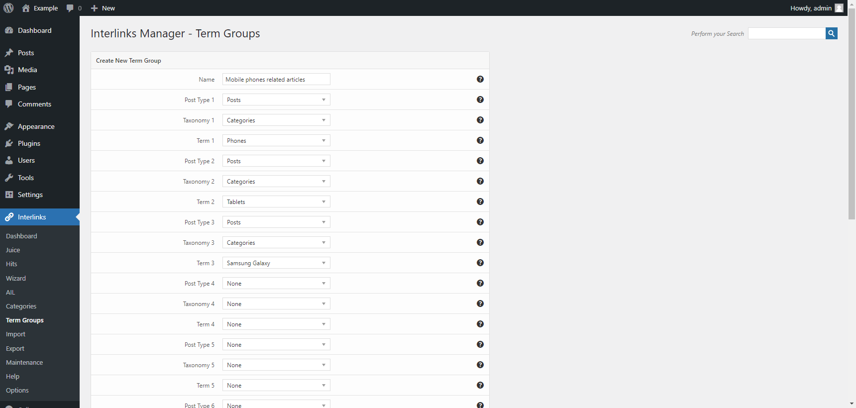 "Term Groups" menu of the Interlinks Manager plugin for WordPress.