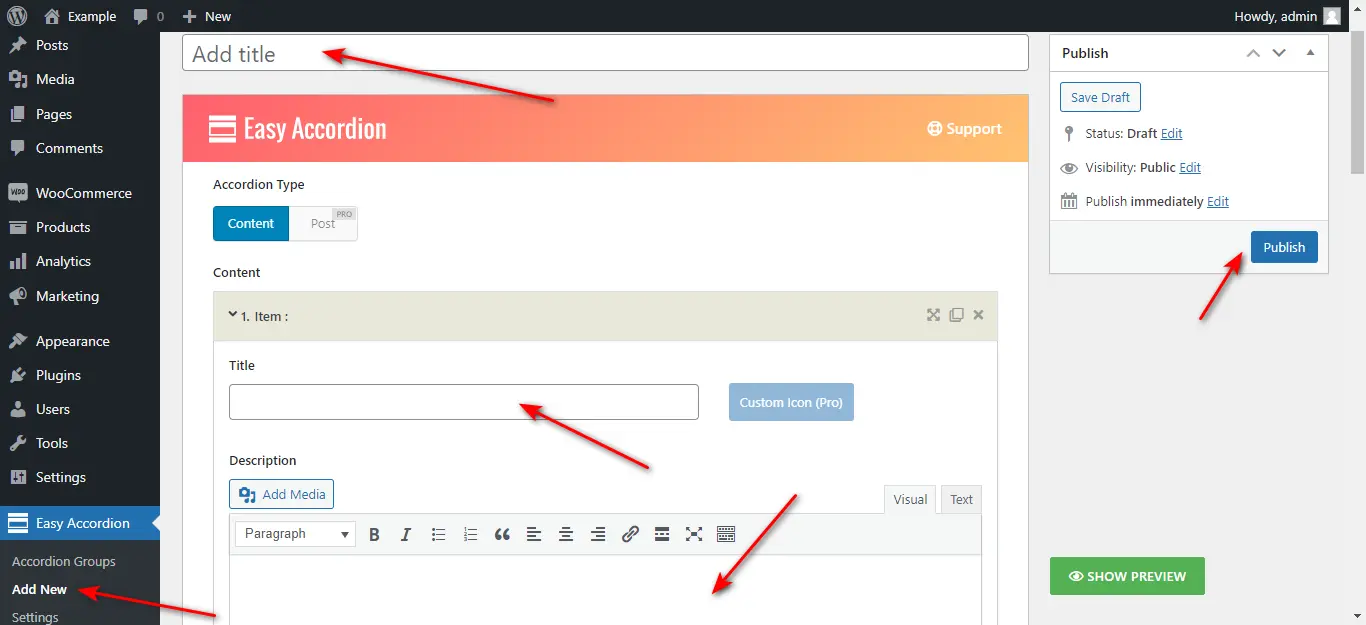 Collapsible text area settings in a dedicated menu of the "Easy Accordion" plugin for WordPress.