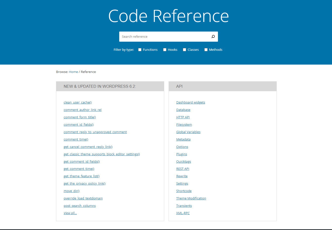 Homepage of the WordPress Code Reference Handbook