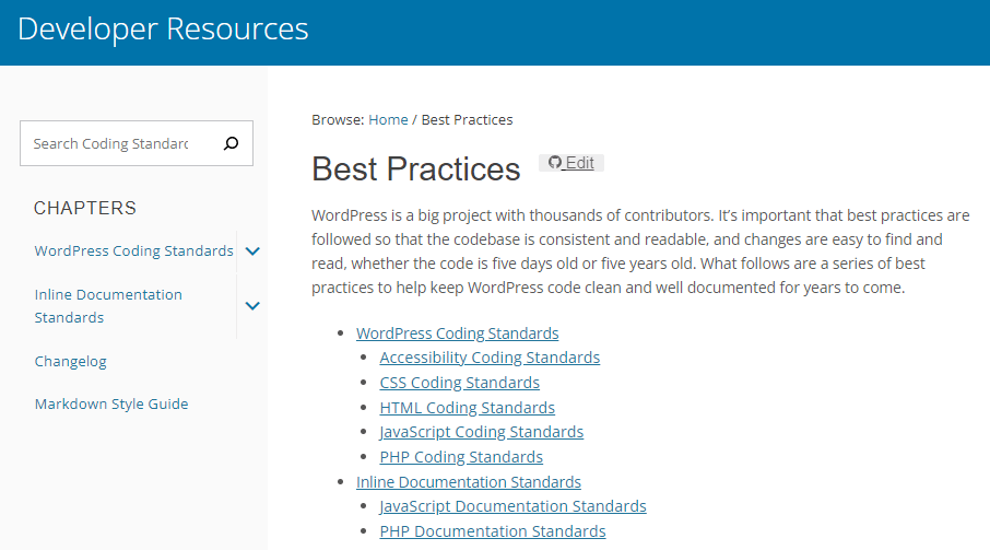 WordPress Coding Standards Handbook page