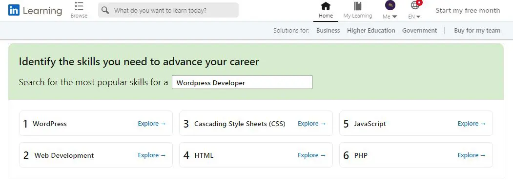 Screenshot of the search results for WordPress developers on LinkedIn Learning, a platform that provides online courses and tutorials for various professional skills.