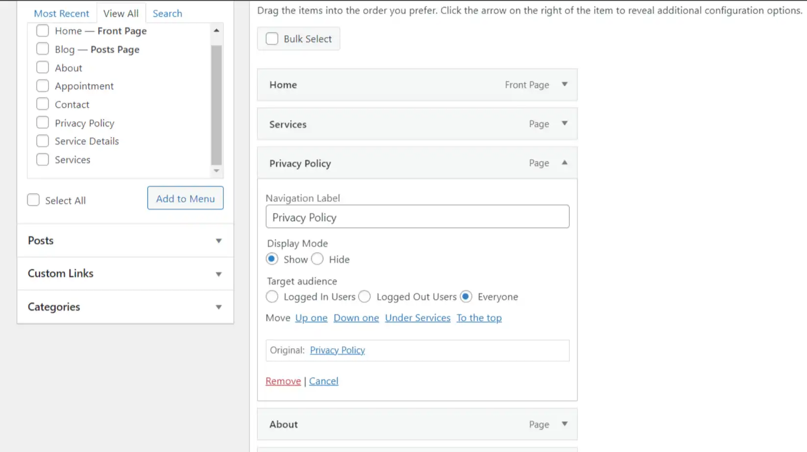 New options to control the access to the WordPress menus are now available.