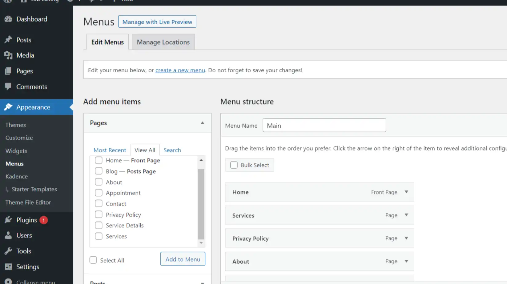 The menu structure visible in the "Menus" page in the back-end of WordPress.