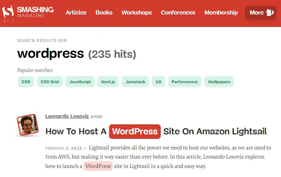 Screenshot of the search results for WordPress on Smashing Magazine, a popular web design and development resource. 