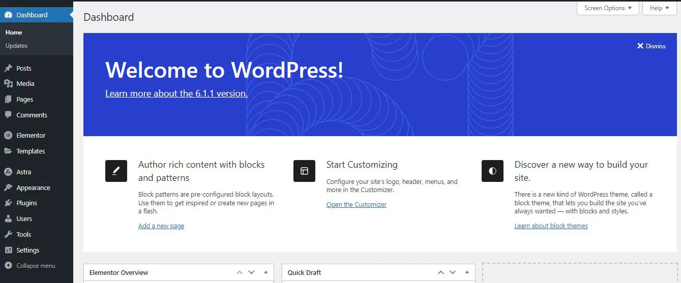 Screenshot of the WordPress dashboard displaying various website management tools and options, including posts, pages, media, comments, and plugins.