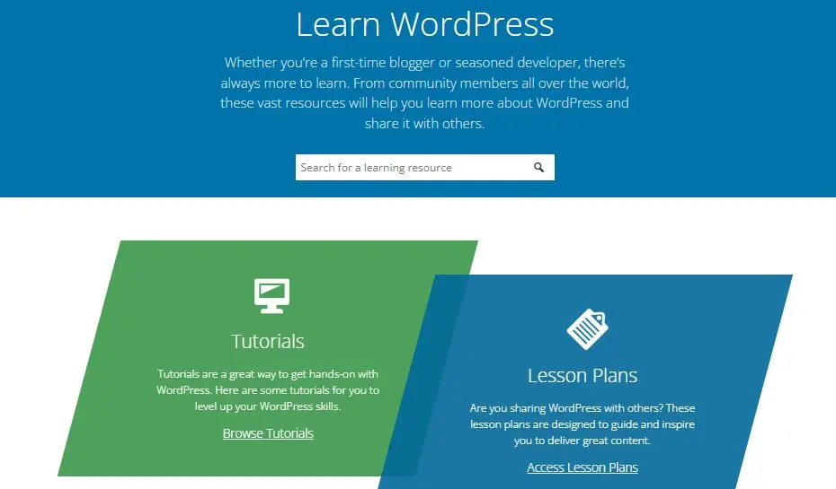 Screenshot of the WordPress.org Tutorials page, which provides a variety of educational resources for WordPress users, including articles, videos, and documentation.