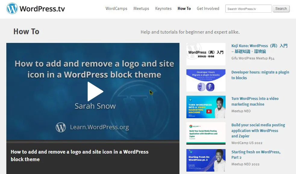 Screenshot of the WordPress.tv tutorials page, which features a collection of video tutorials and presentations related to WordPress, including tutorials for beginners, advanced users, and developers.