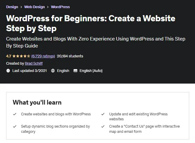 Screenshot of the Udemy course page for WordPress for beginners, featuring the course title, instructor name, ratings as well as a course outline.