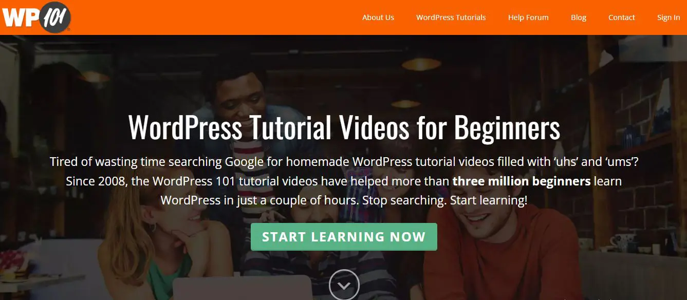 Screenshot of the WP101 homepage, which provides video tutorials and courses for WordPress users of all levels, covering topics such as website setup, customization, and maintenance.