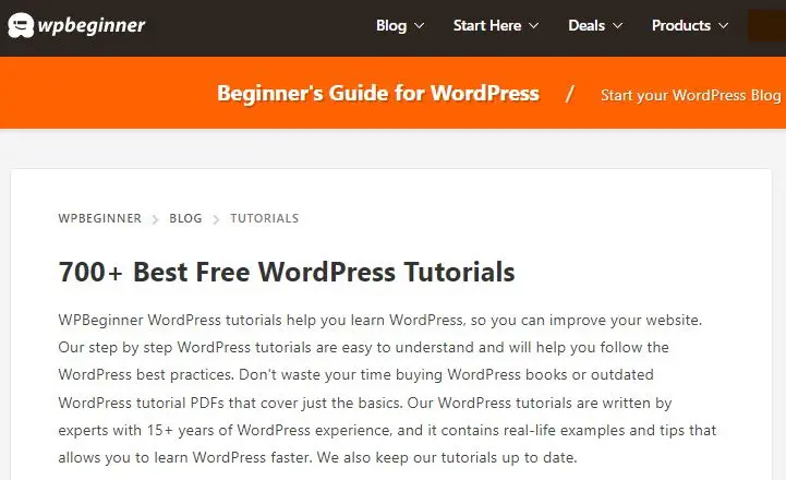 Screenshot of the WP Beginner WordPress tutorials page, which provides step-by-step guides and articles for beginners to learn how to use WordPress, including topics like setting up a website, choosing themes and plugins, and managing content. 