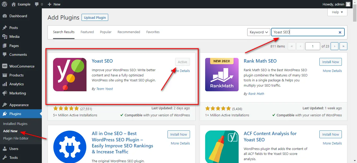 Activation of the Yoast SEO plugin in the back-end of WordPress.