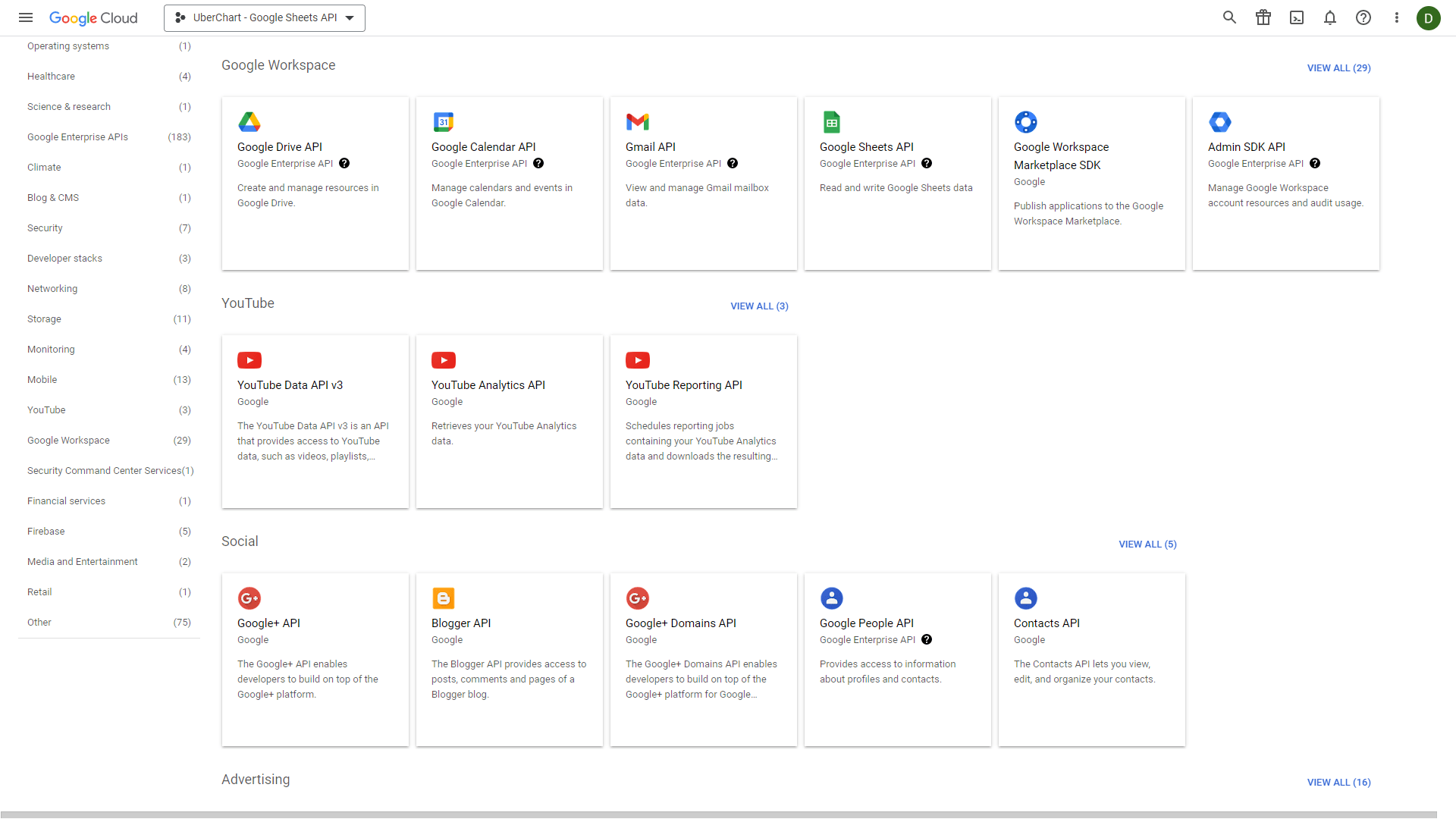 The services available in the Google Cloud site.