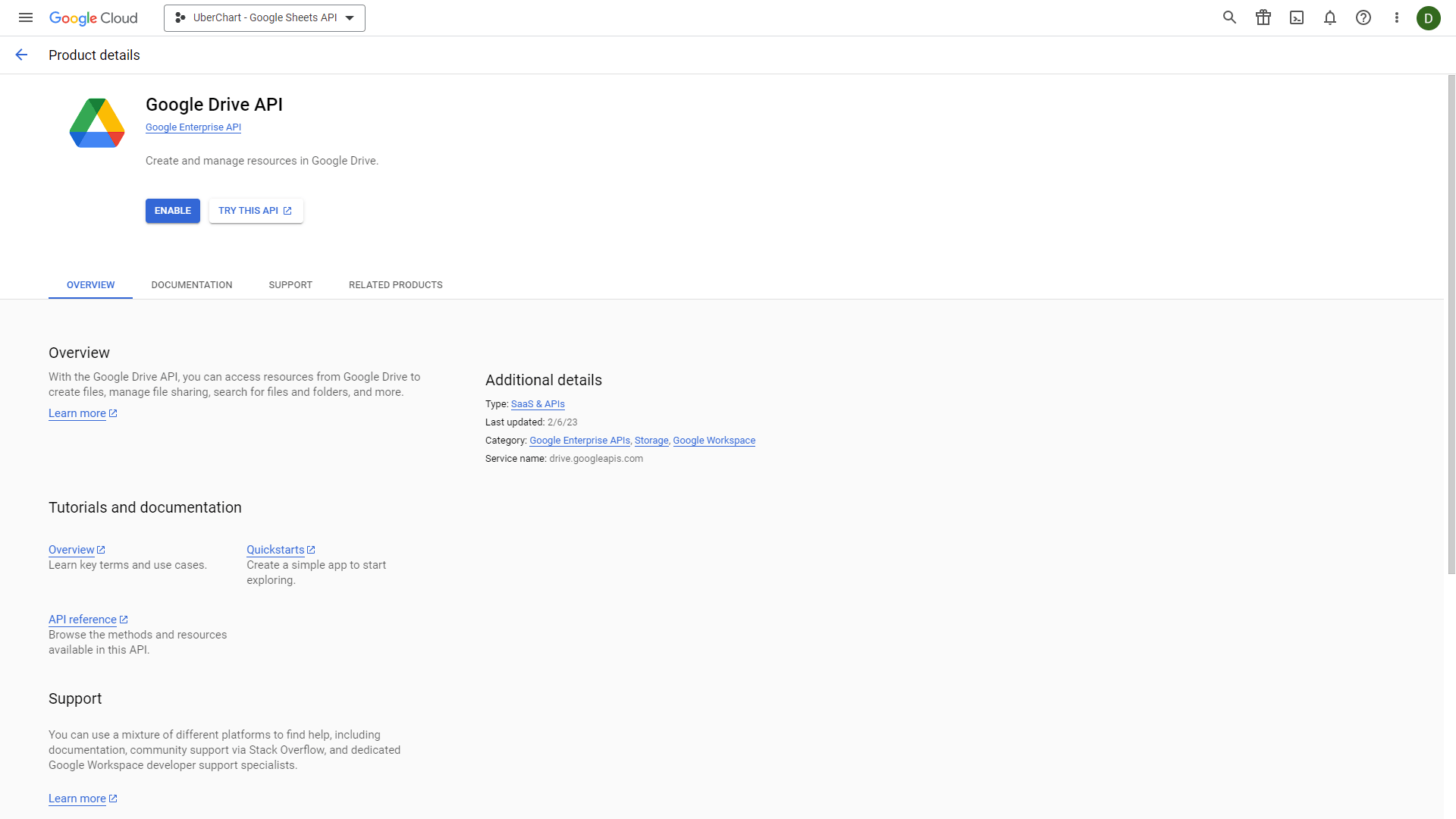 The Google Drive API overview page.