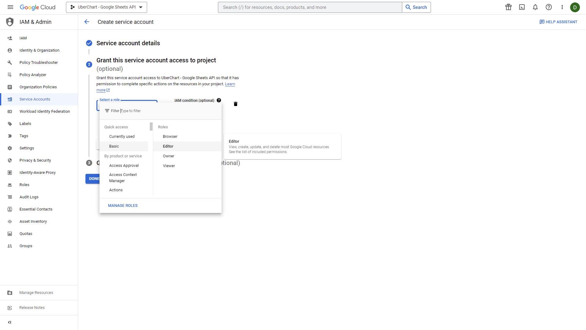 The "Grant this service account access to project" form with the Basic/Editor option selected.