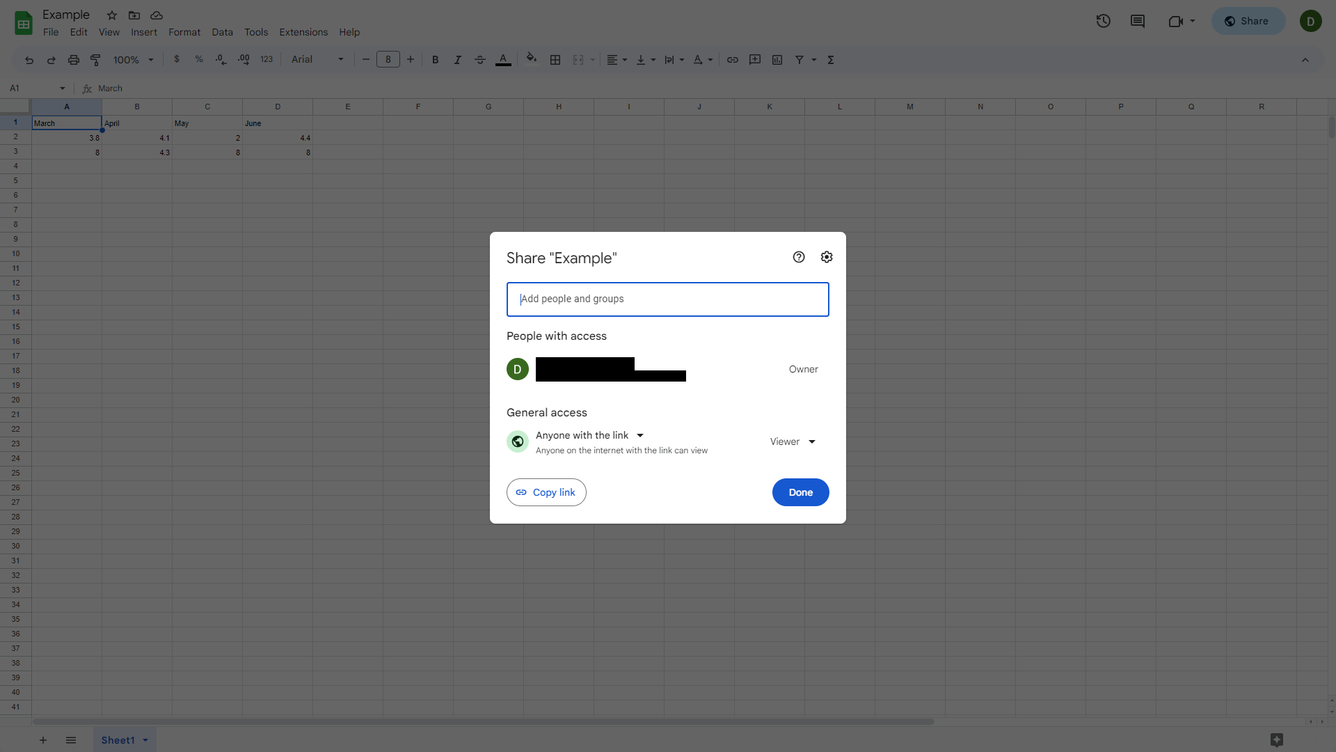 The "Share" modal window of Google Sheets with the "General access" selector set to "Anyone with the link".