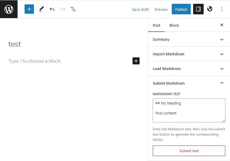 Importing Markdown text with the Submit Markdown feature of the Ultimate Markdown plugin for WordPress.