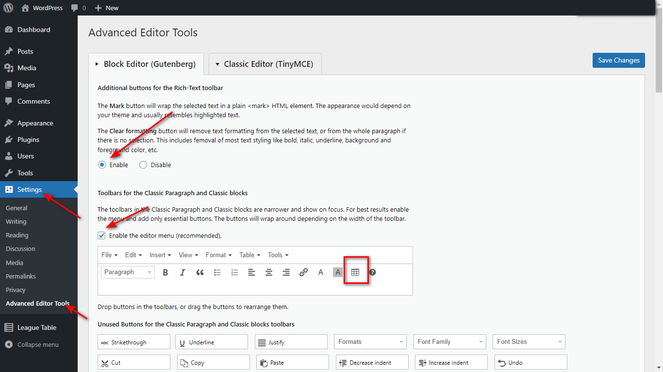The Advanced Editor Tools plugin settings with specific options enabled