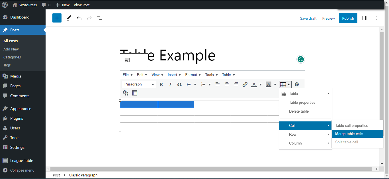The context menu of a table generated with the Advanced Editor Tools plugin with the menu item used to merge the selected table cells