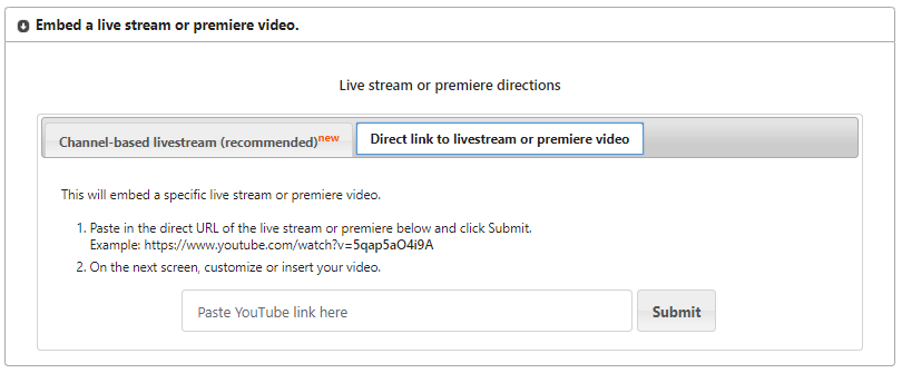 Screenshot of direct link YouTube live streaming using Embed Plus YouTube plugin.