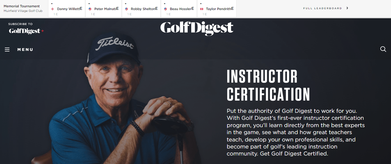 Golf Digest's certificate for becoming a golf instructor.