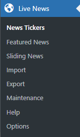 Screenshot of Live News menu items, including settings for news tickers, featured and sliding news.