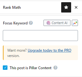 Screenshot of the Rank Math general settings page, showing the option to mark a post as pillar content.