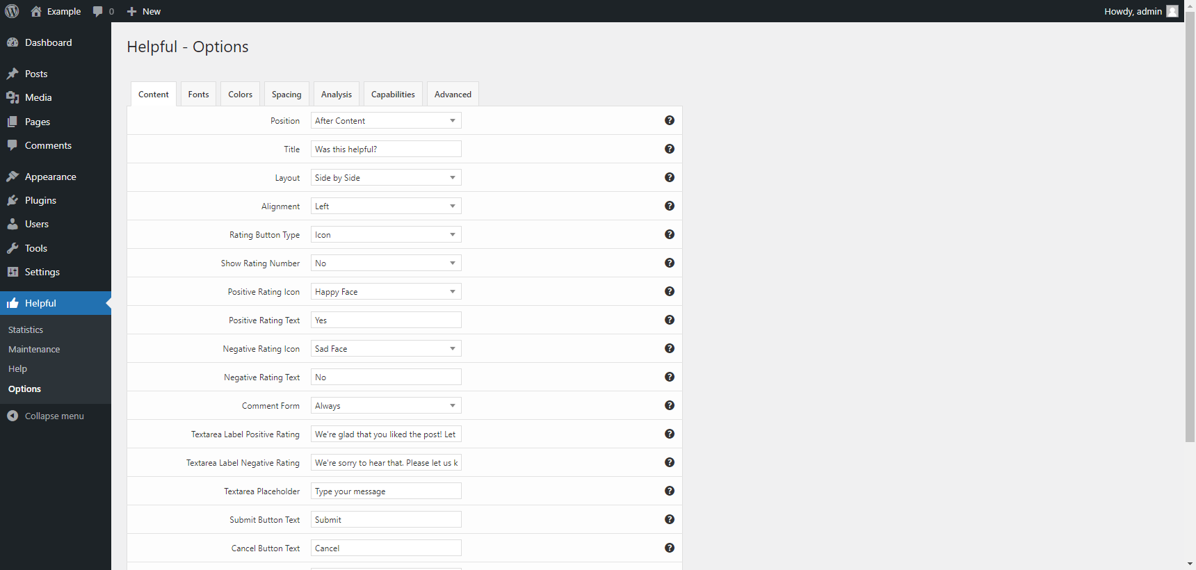 "Content" tab in the plugin options of the Helpful plugin for WordPress