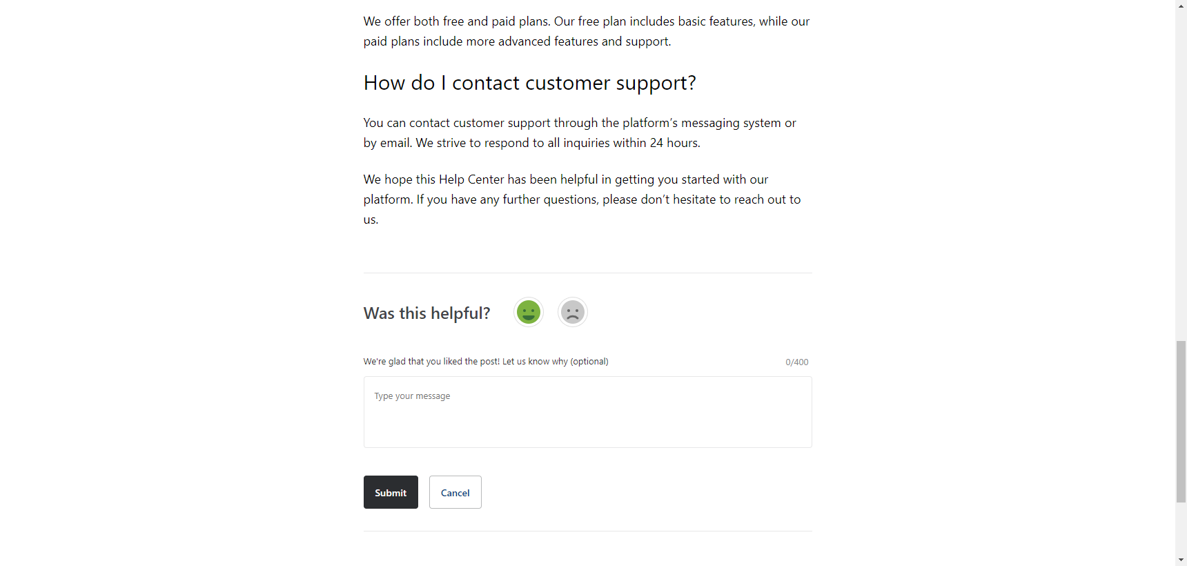 A feedback form in the front end of WordPress with a textarea used to receive feedback comments