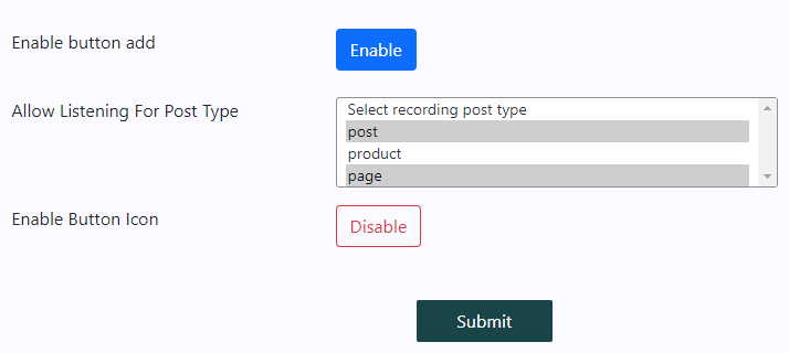 The general plugin settings with the option used to configure the post type where the text to speech button should be applied.