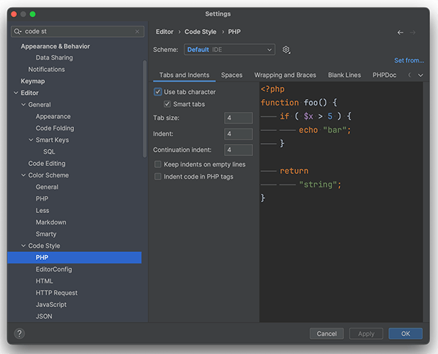 The "WordPress" coding style has been set in the Editor -> Code Style -> PHP tab of PHPStorm.