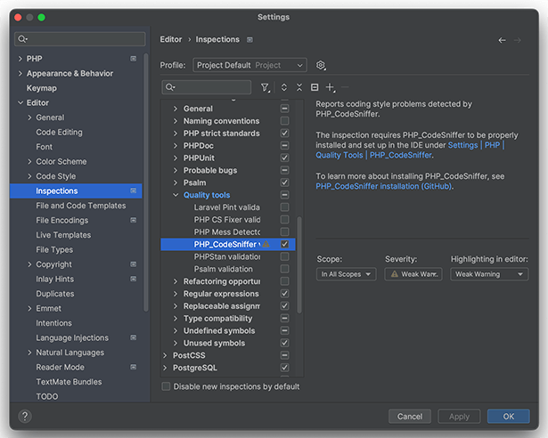 The PHP_CodeSniffer inspection is enabled in PHPStorm.