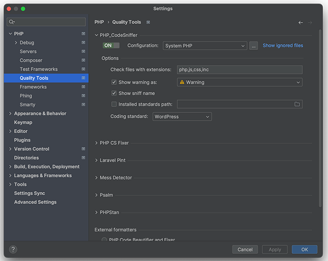 PHP_CodeSniffer has been configured in the PHP -> Quality Tools settings page of PHPStorm.
