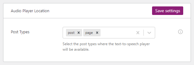 The general plugin settings with the option used to configure the post type where the text to speech button should be applied.