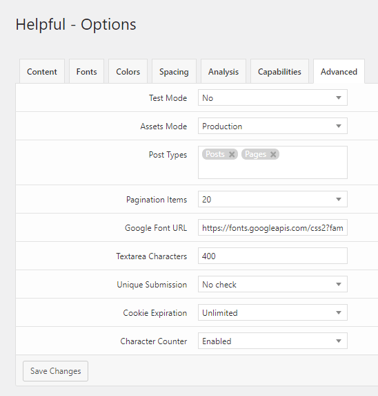 The "Advanced" tab of the plugin options provided by the Helpful plugin for WordPress.