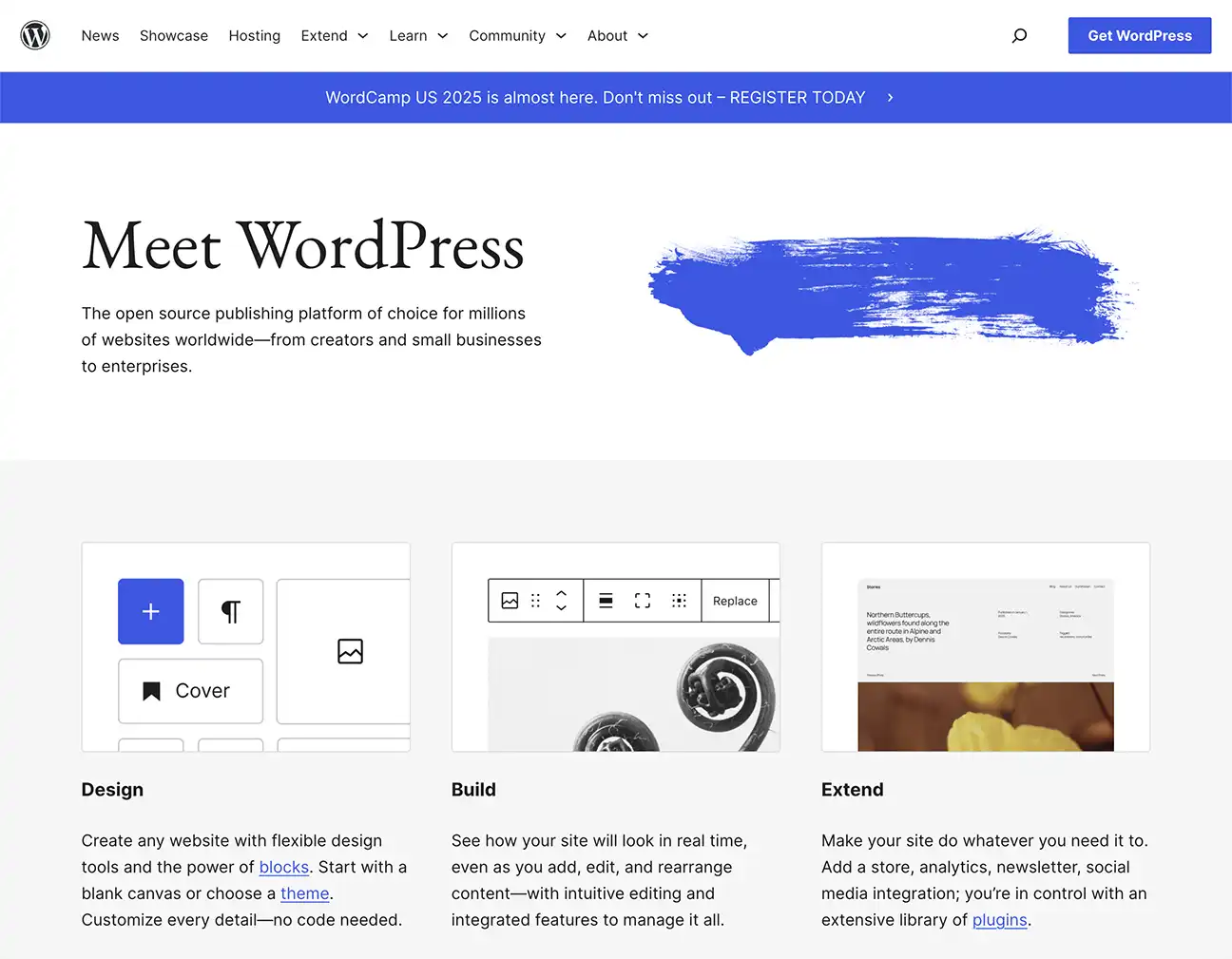 WordPress.org publishing platform homepage.