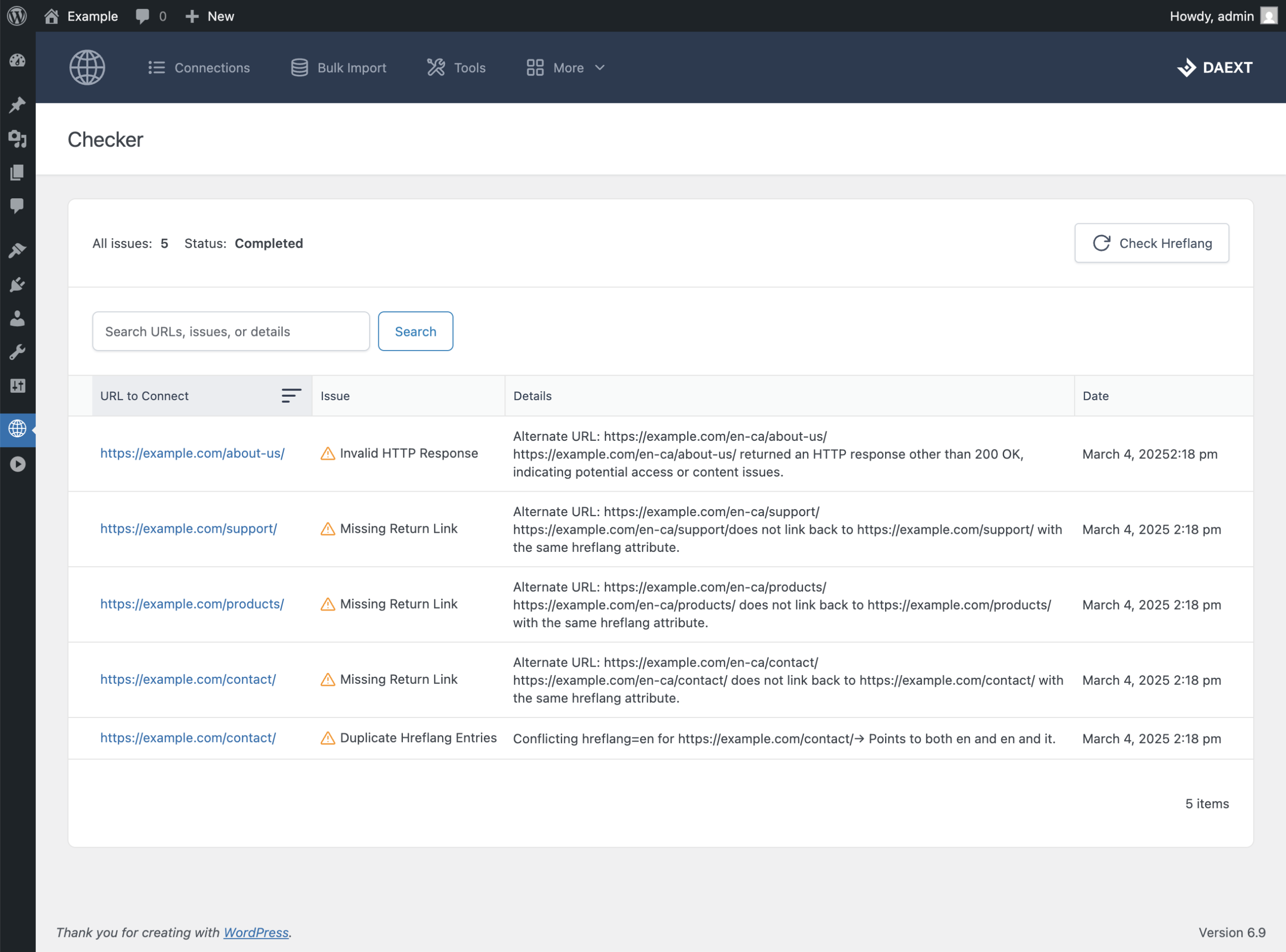 The "Checker" menu of the Hreflang Manager plugin with reported issues