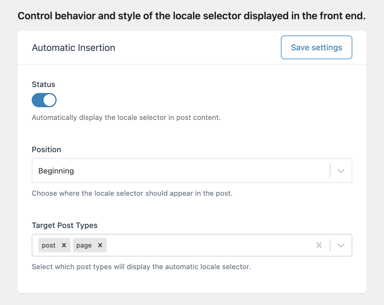 Locale Selector settings in WordPress showing automatic insertion, position, and target post types.