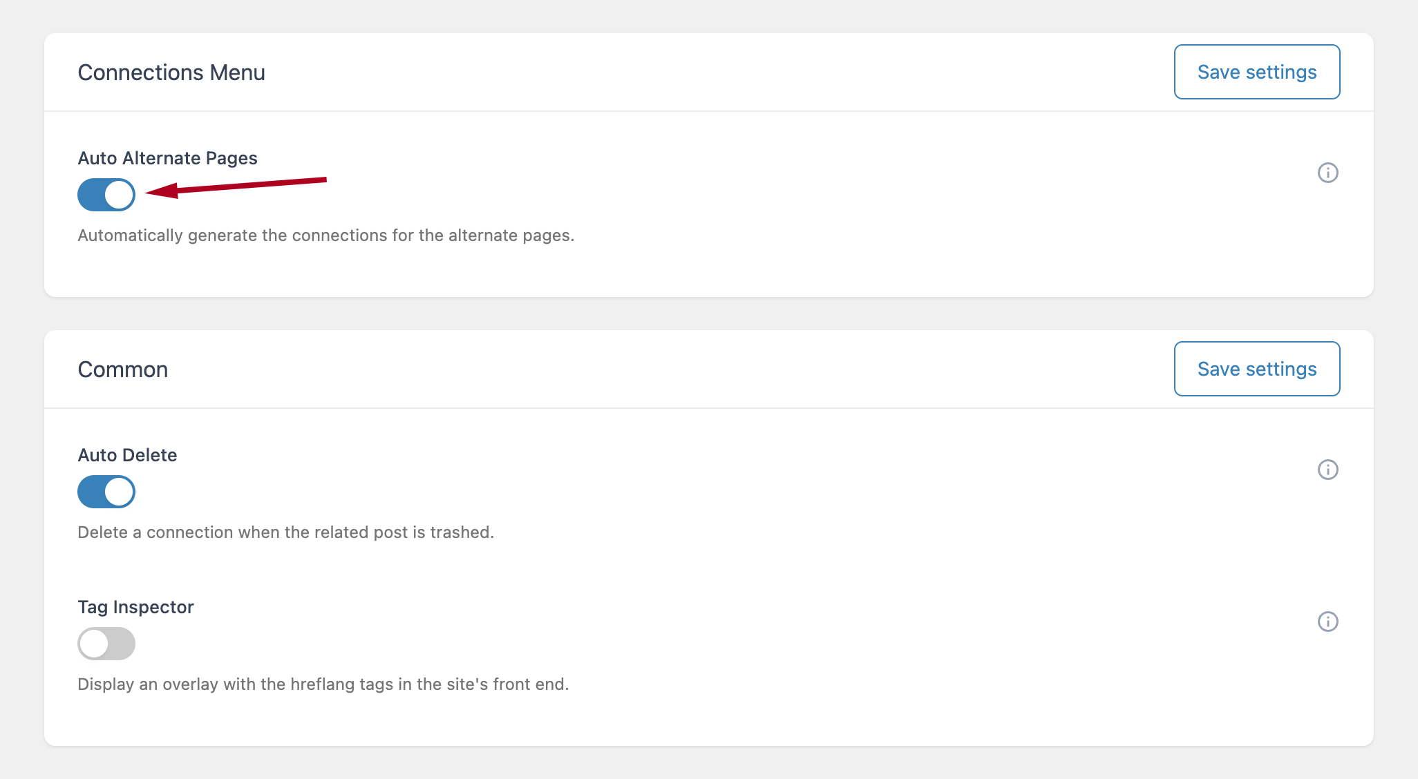 The Auto Alternate Pages toggle enabled in the Hreflang Manager plugin options.