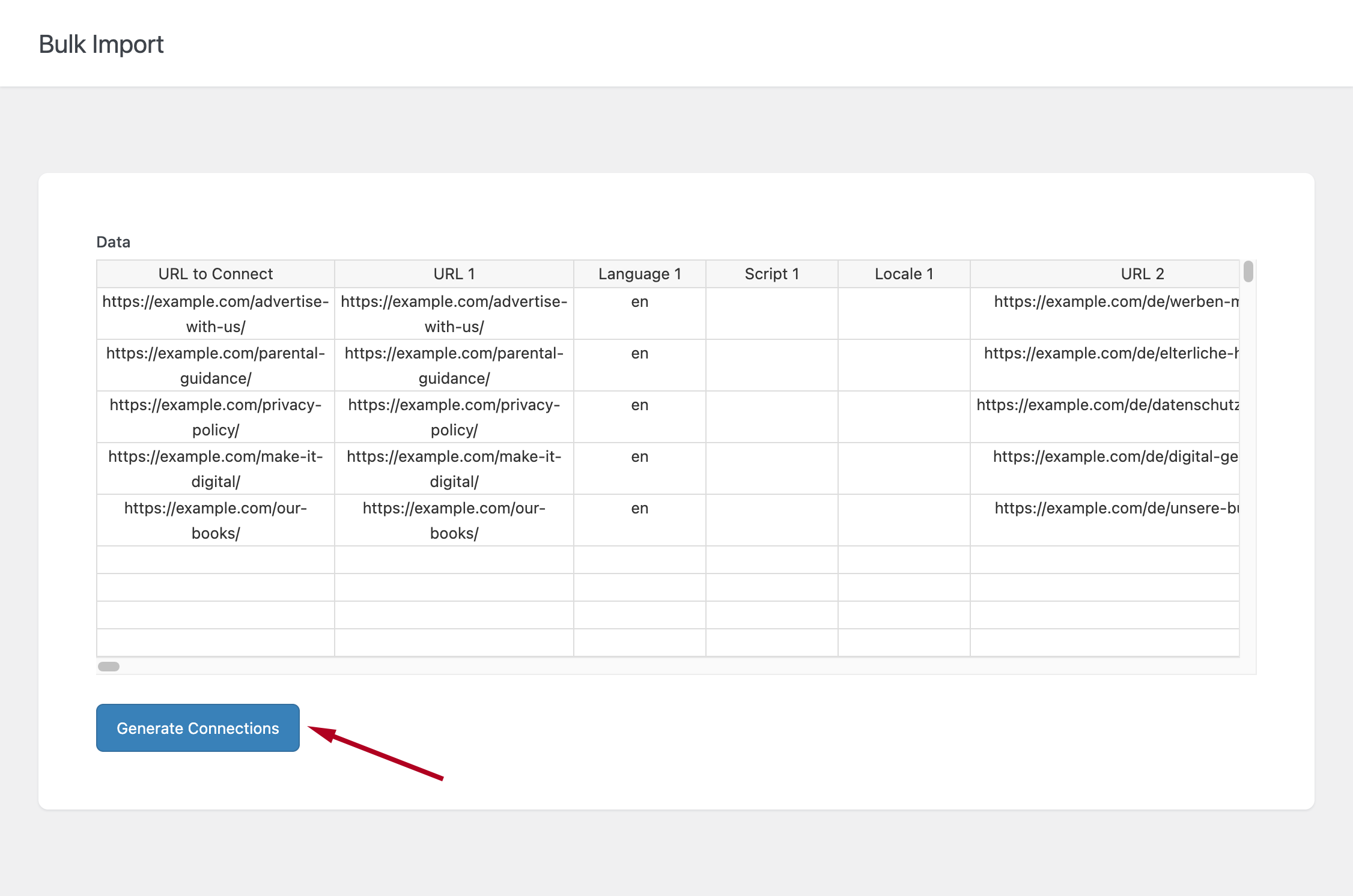 The Generate Connections button in the Bulk Import menu.