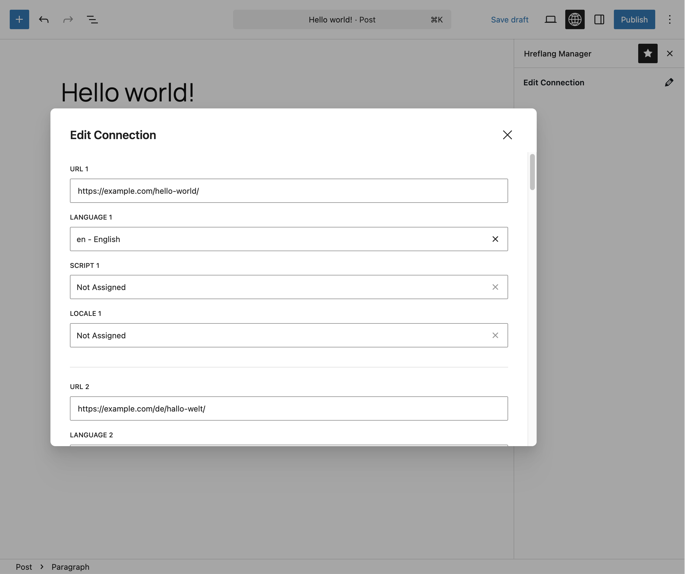 Edit Connection modal displaying URL, language, script, and locale fields in the block editor.