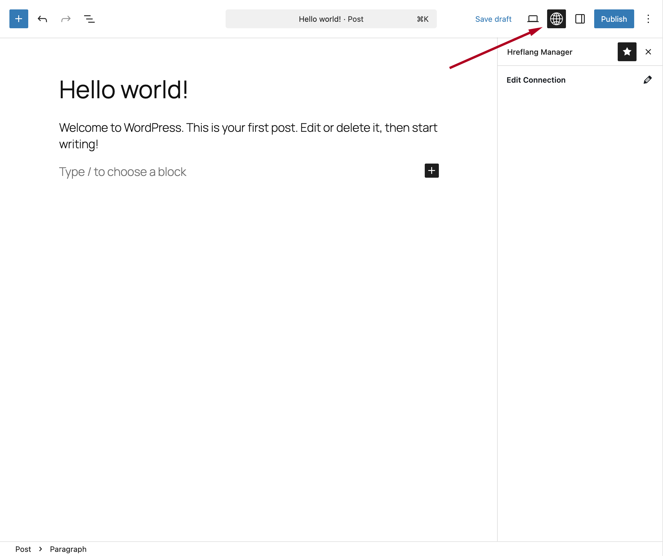 Globe icon added to the WordPress Block Editor toolbar by Hreflang Manager.