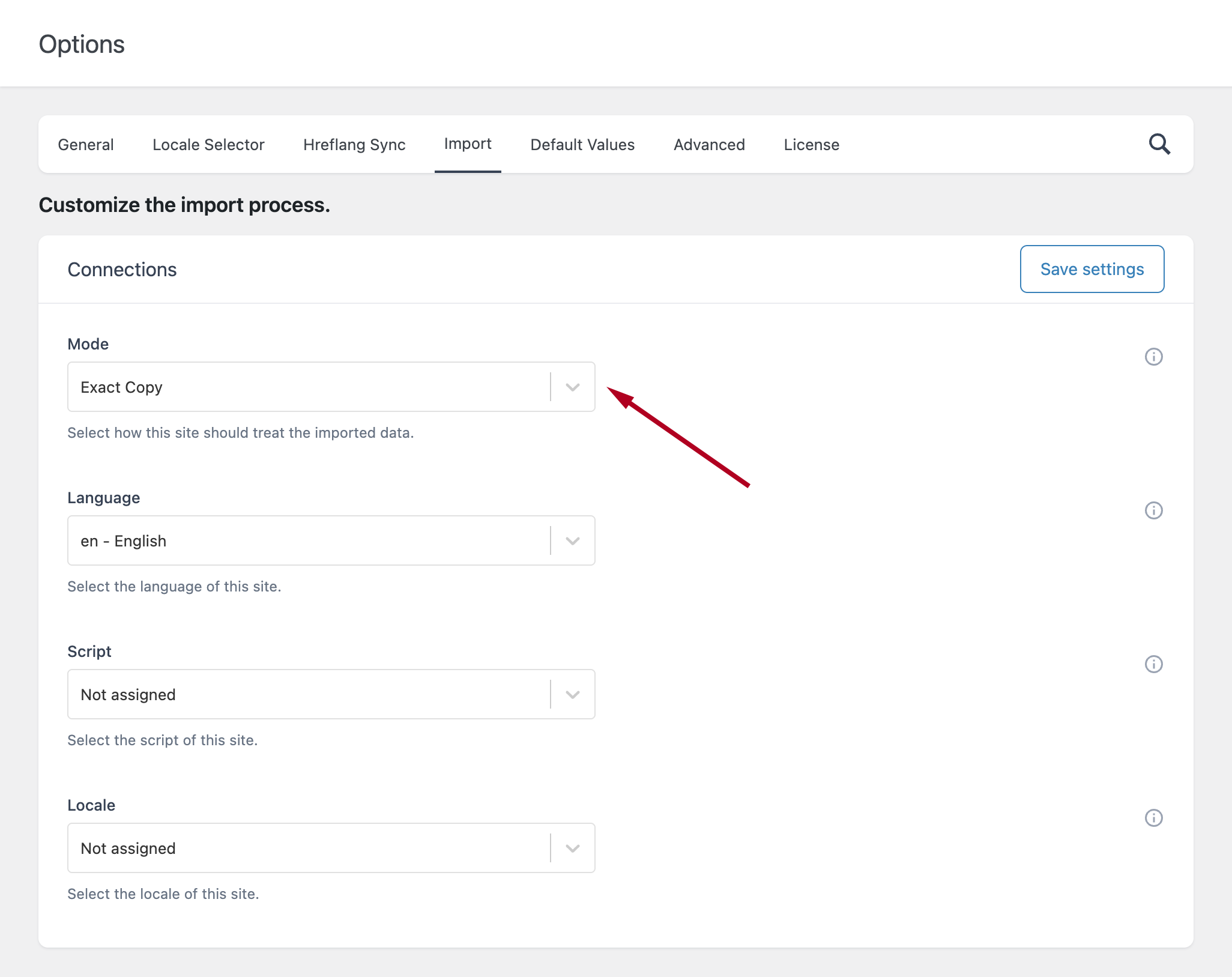 The "Exact Copy" import mode option highlighted in the plugin settings.